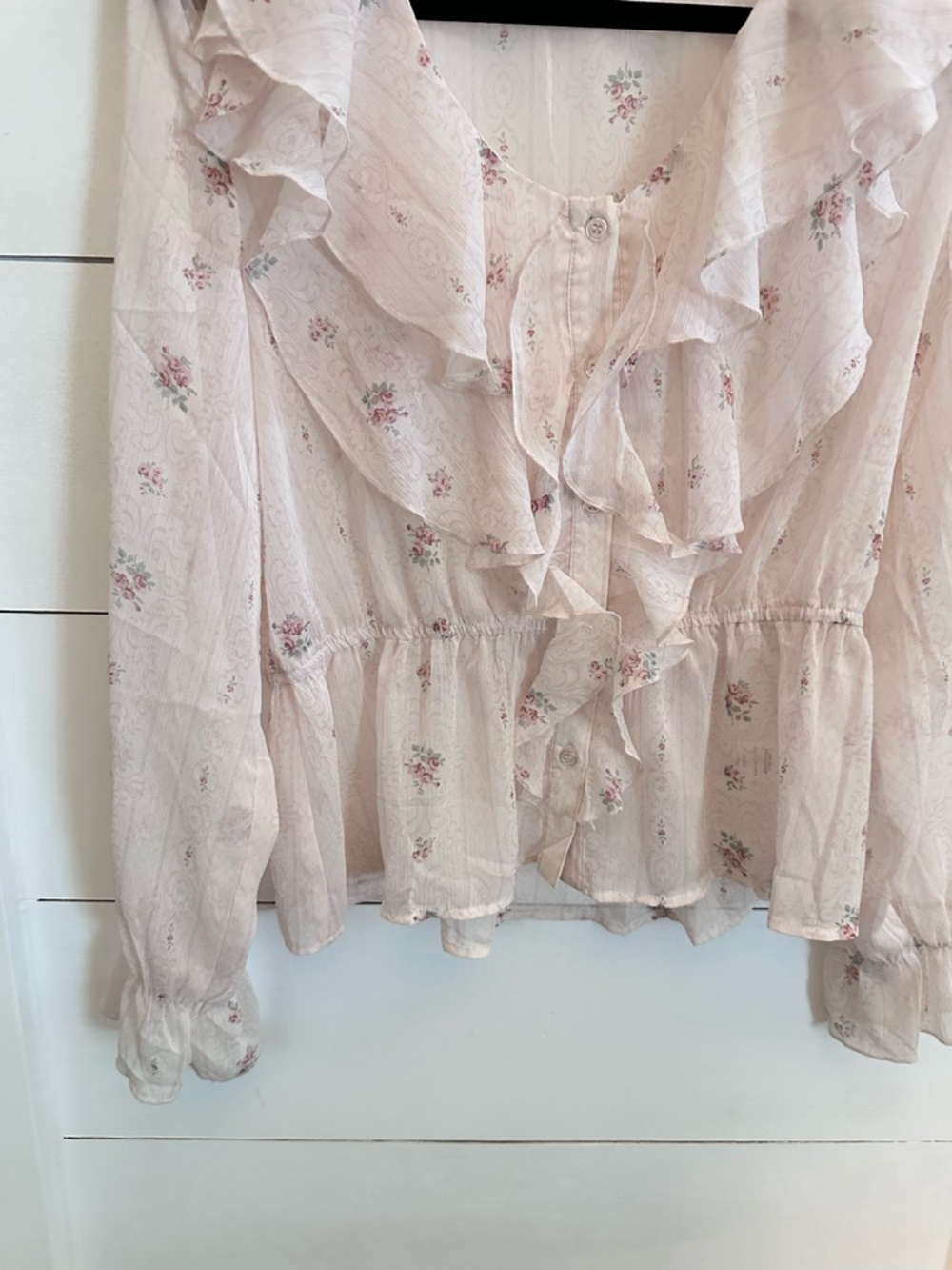 TRIXXI L Greta Pale Pink ditzy floral ruffled chest & sleeve sheer button blouse - Picture 9 of 14